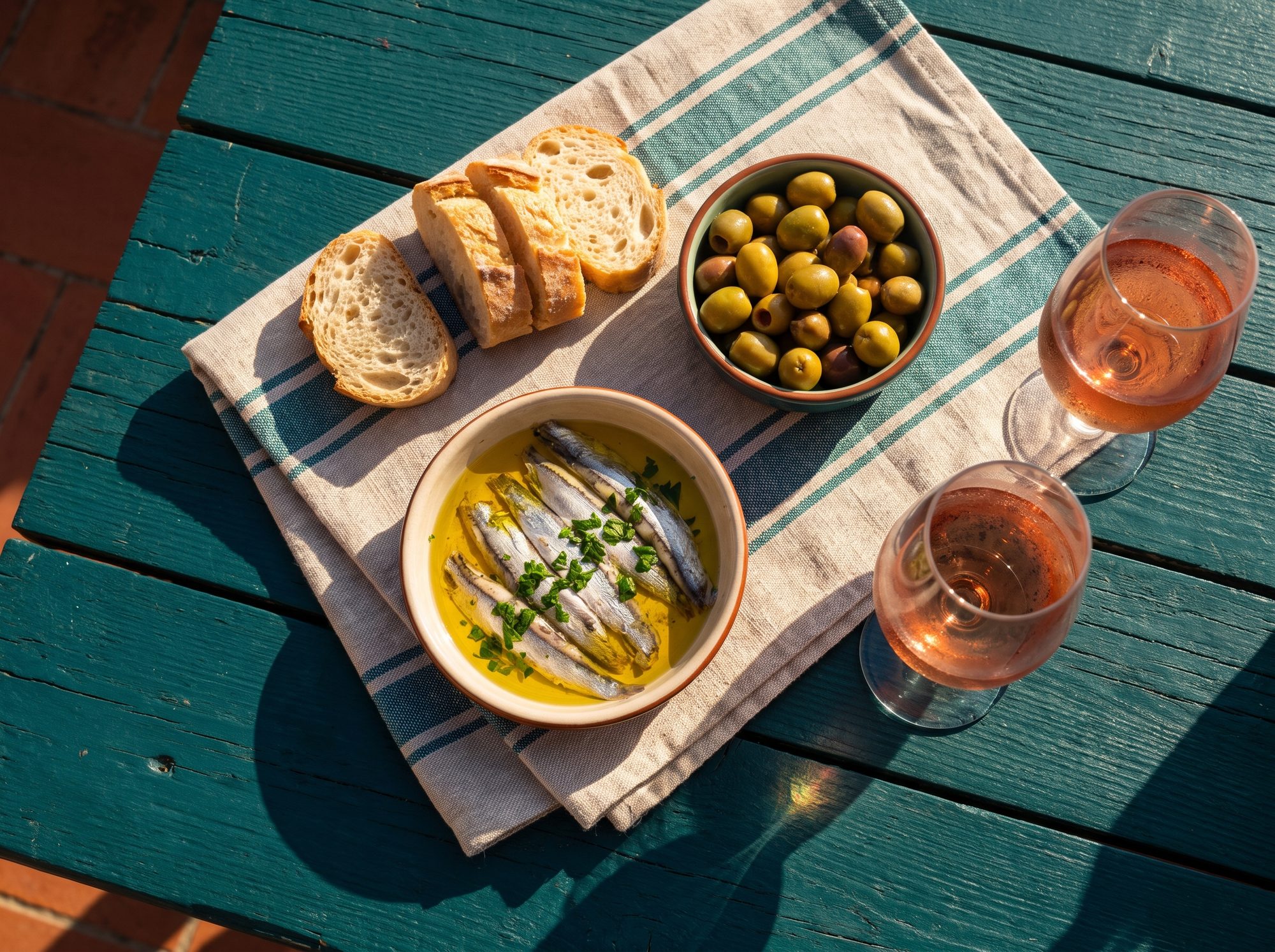 Sur la table canard : anchois marinés, olives, pain et deux verres de Banyuls rosé