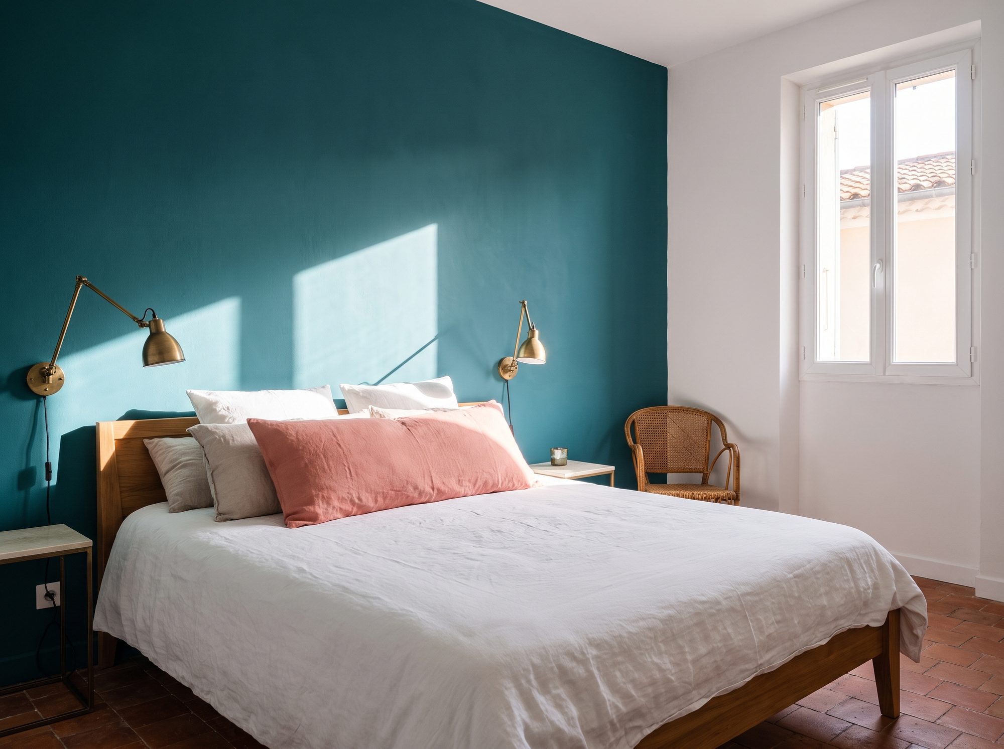 La chambre Canard : mur bleu canard profond, coussin rose, lampes laiton articulées