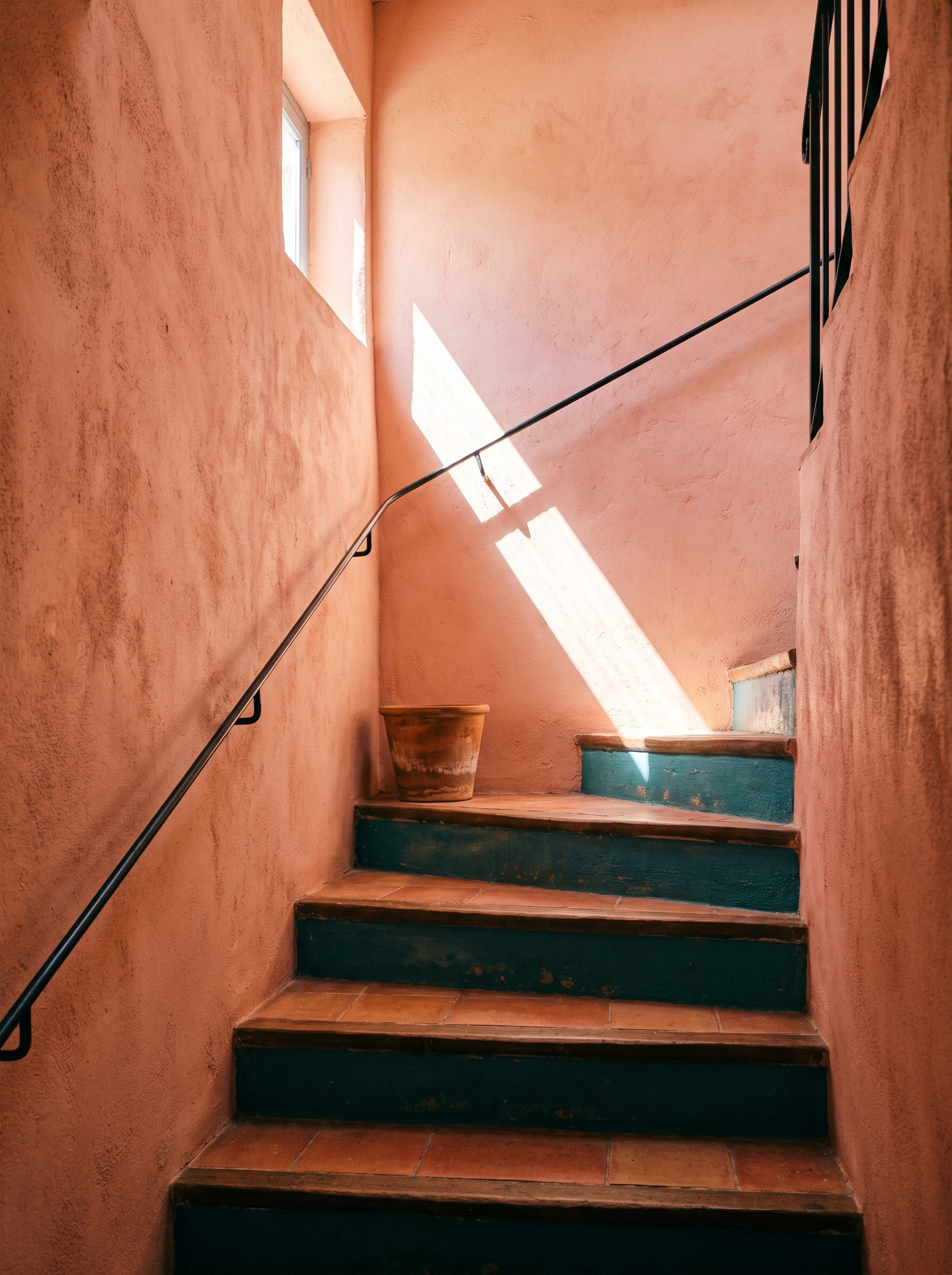 L'escalier : murs roses à la chaux, contremarches peintes en canard, rampe de fer noir