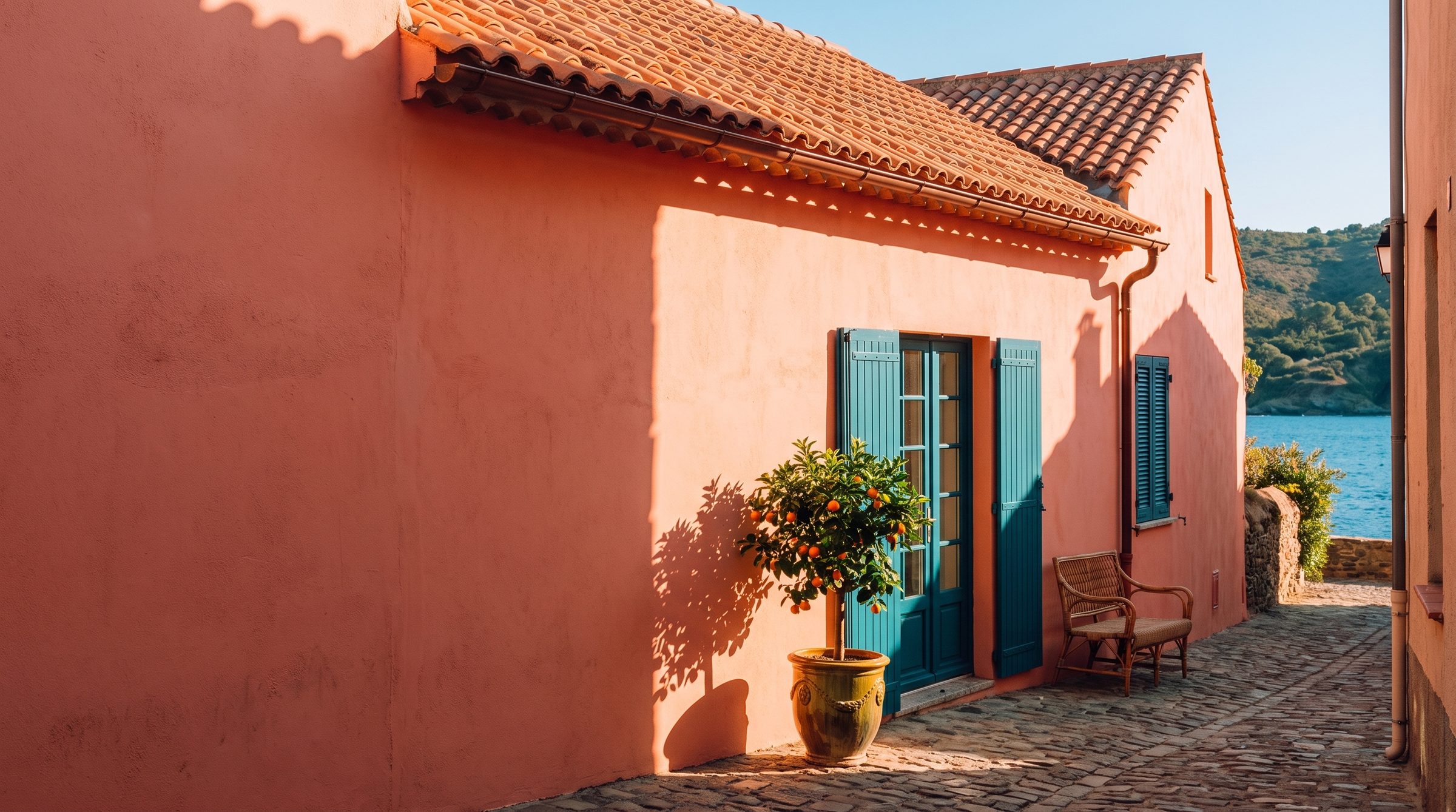 La Casa Vermella dans sa ruelle de Collioure : façade rose vermeil, volets bleu canard, la mer au bout du pavé