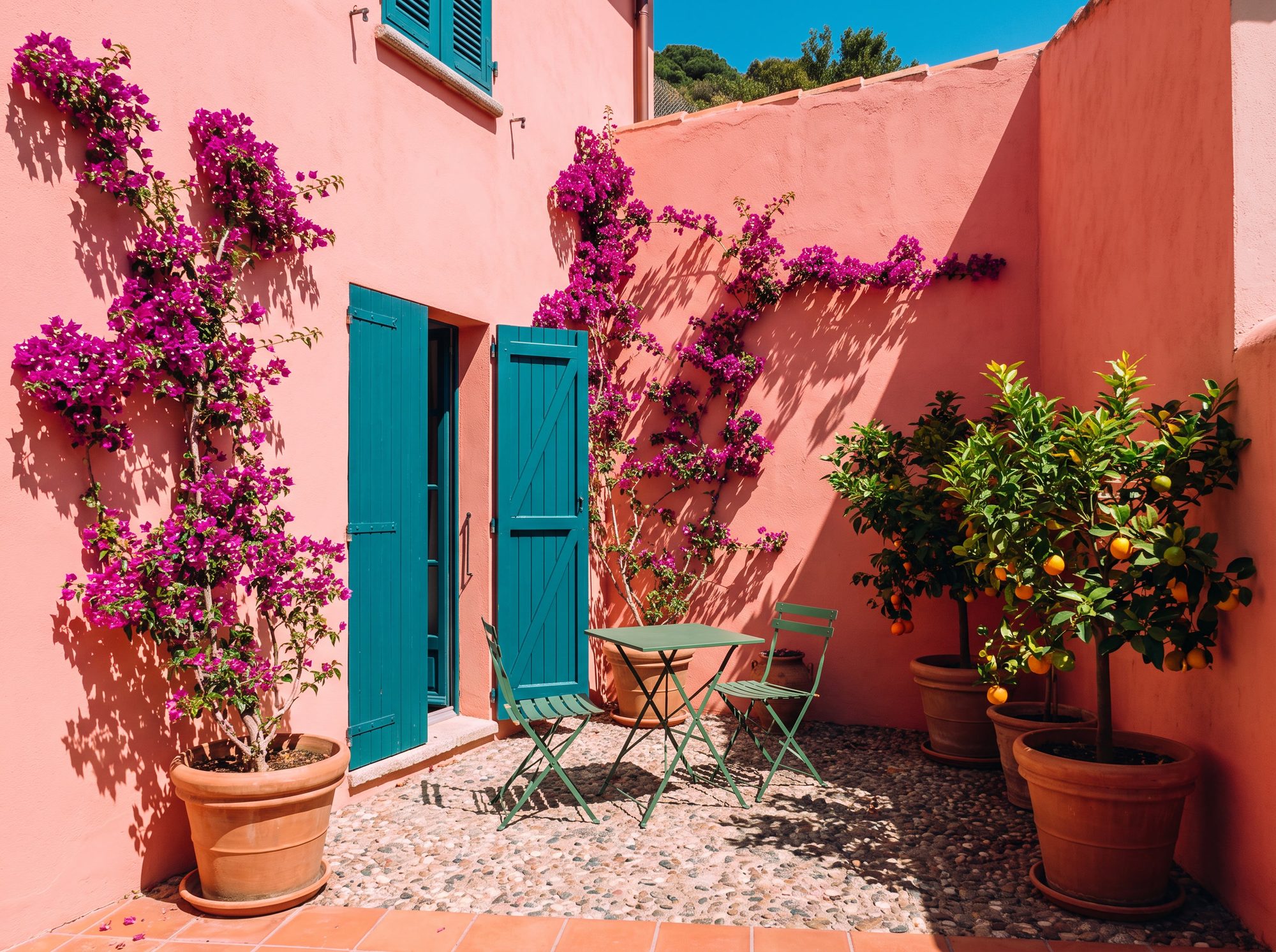 Le patio clos : murs roses, table bistrot verte, bougainvillier et agrumes en pots