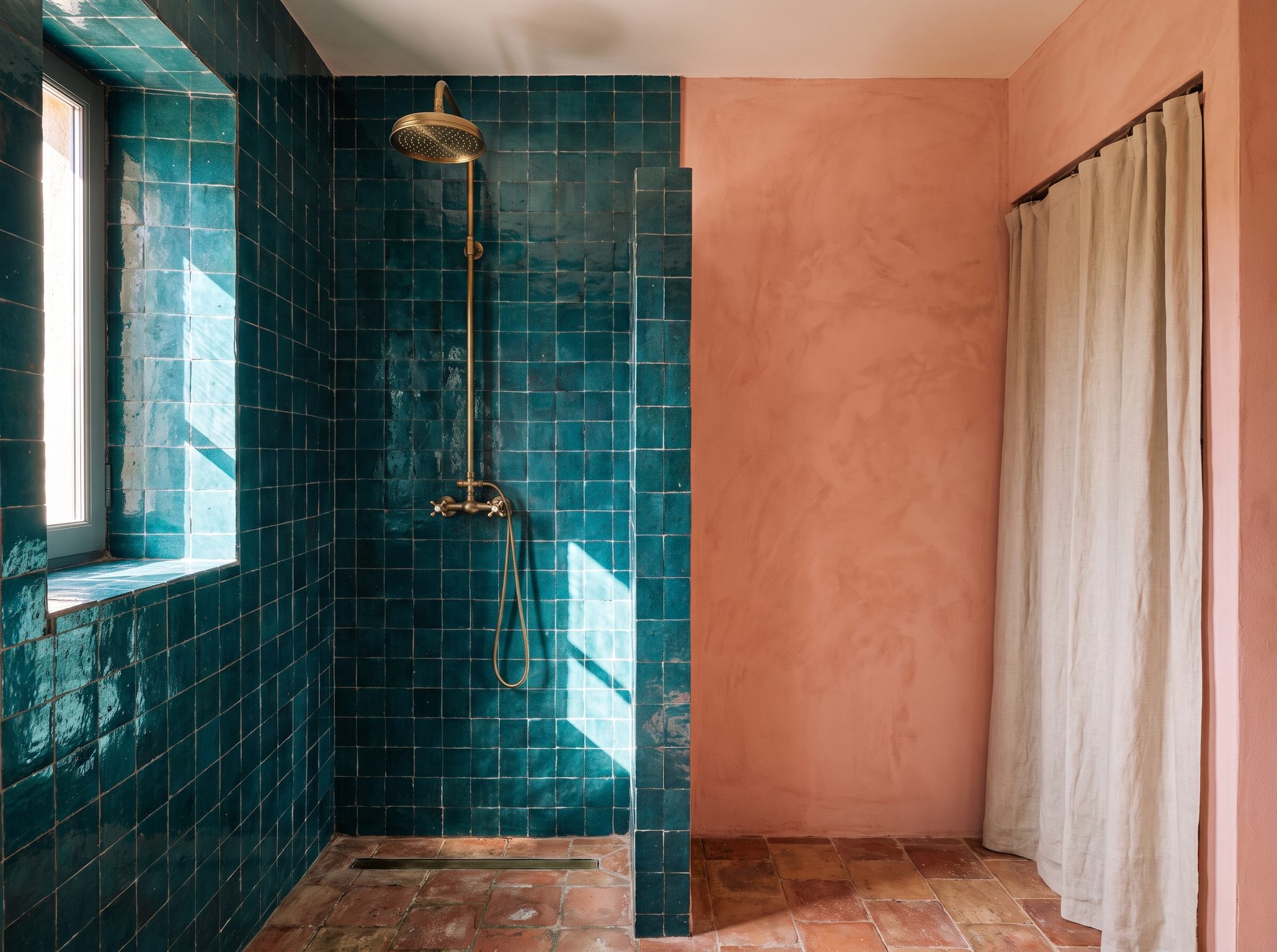 La douche : zellige canard du sol au plafond, laiton ancien, mur rose en face